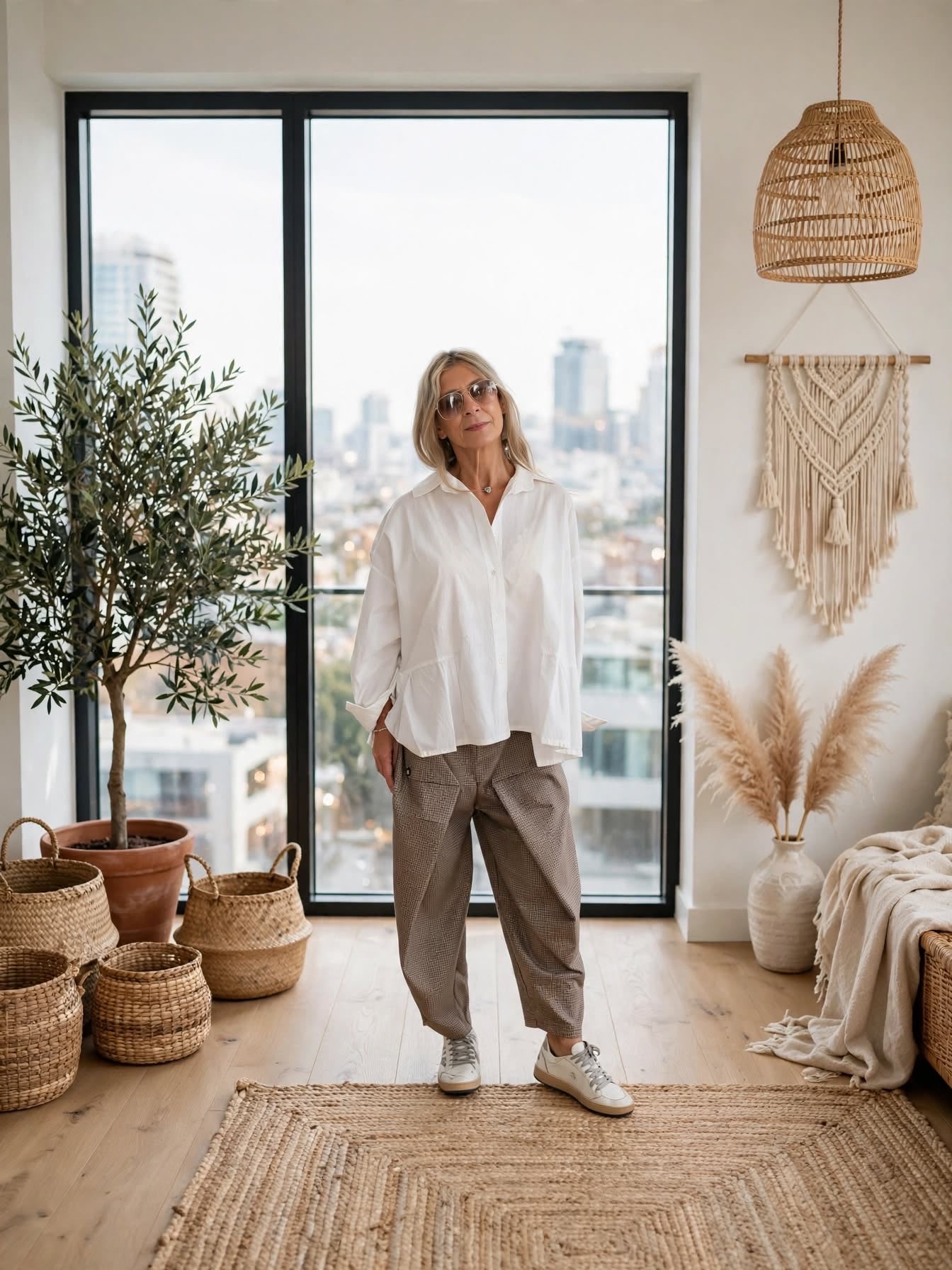 Chemise blanche oversize portée avec un pantalon pied-de-poule