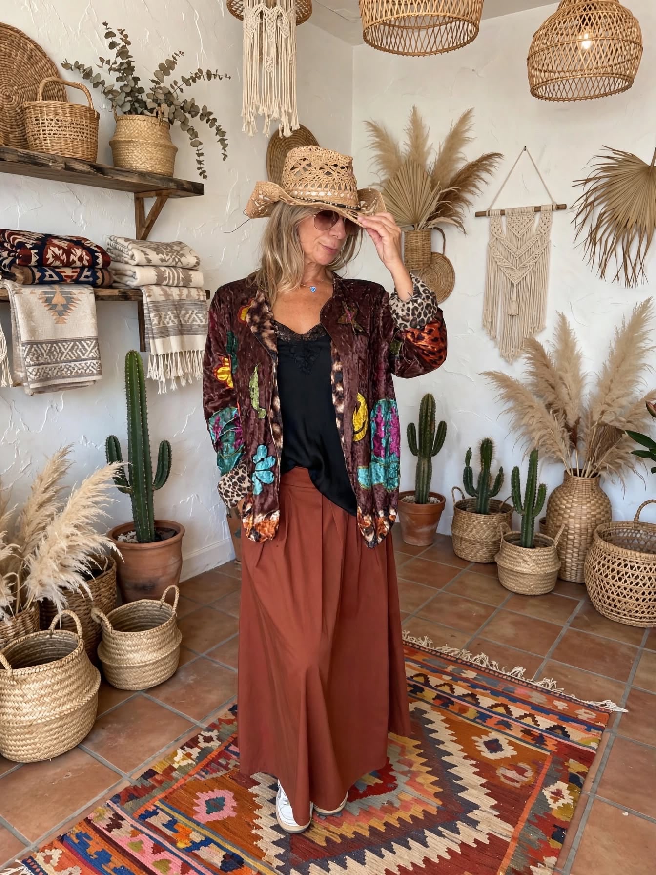 Jupe longue terracotta portée dans un look bohème western