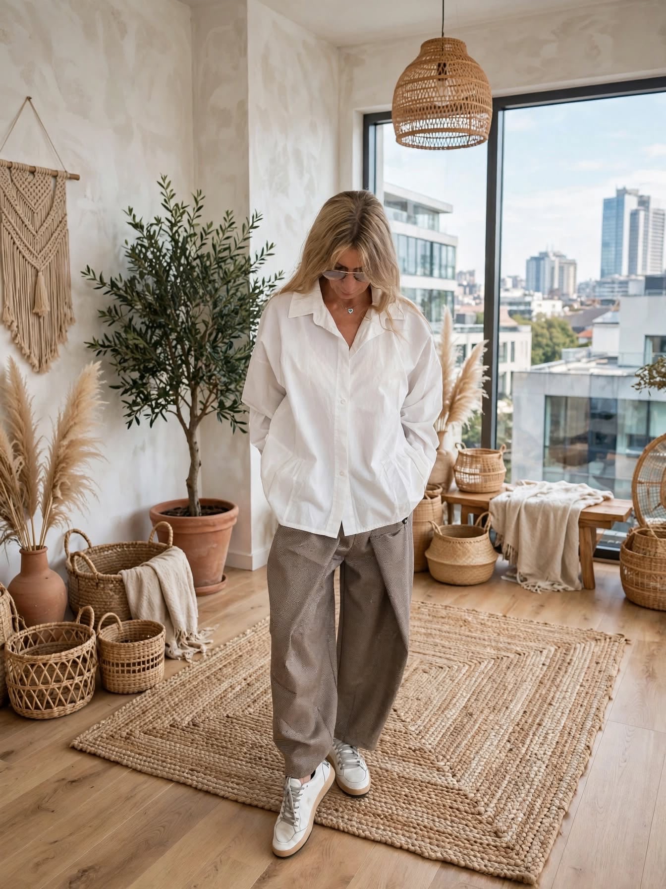 Chemise blanche et pantalon pied-de-poule portés de face