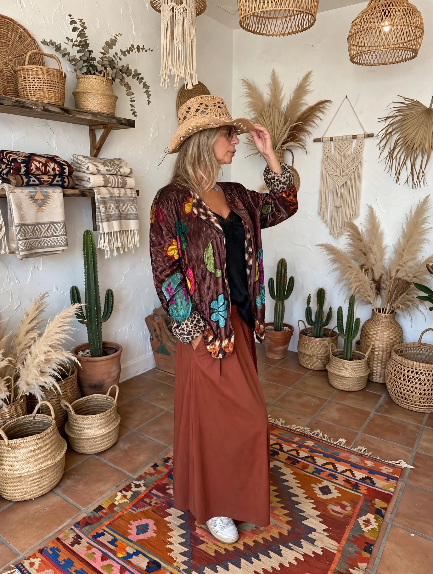 Veste en velours patchwork bohème western Arizona portée de face